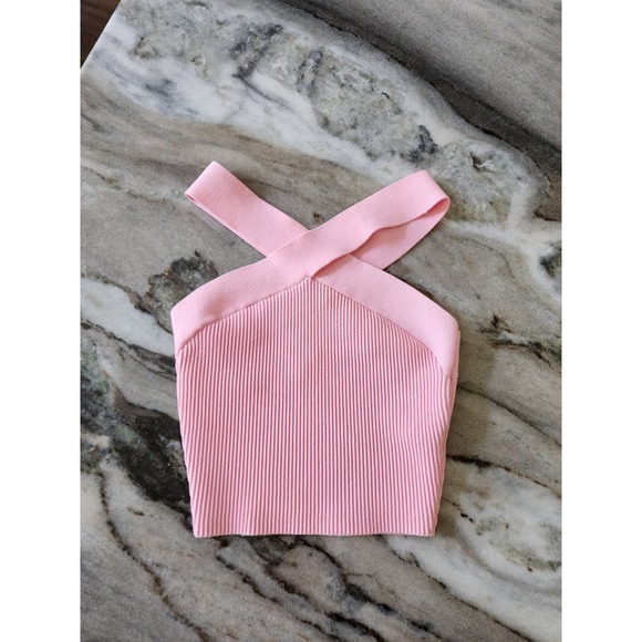 Babaton Tops - Aritzia Babaton Sculpt Knit Cross Front Halter Top Pink Ribbed Sleeveless XS